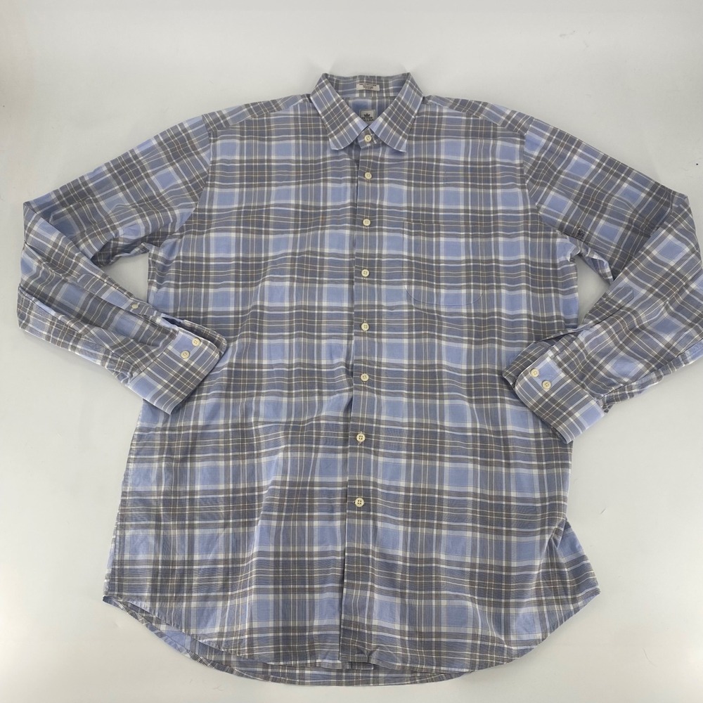 Peter Millar Mens Tall XL Blue Brown Plaid Cotton Long Sleeve‎ Button Down Shirt